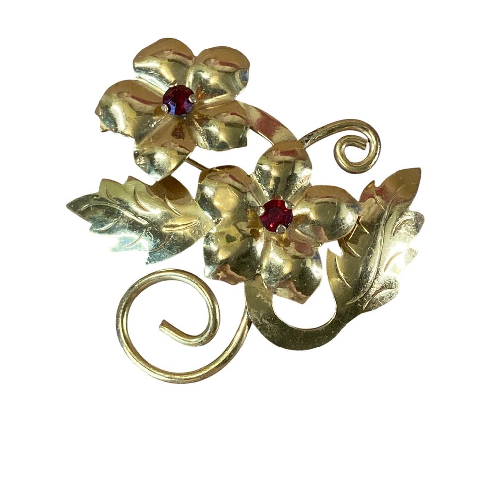 Vintage 1940s Retro Flower Bouquet Brooch w/Red Rhinestones Made in Brazil